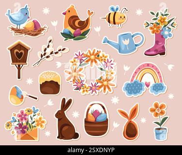 Adesivi per le festività pasquali, set vettoriale. Clip art cartoni animati per le vacanze primaverili. Coniglietto pasquale e uccelli in un nido, uova dipinte in cesto, torta, fiori. Illustrazione Vettoriale