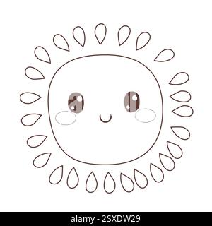 Fumetto in bianco e nero che raffigura un simpatico personaggio solare sorridente isolato su sfondo bianco Foto Stock