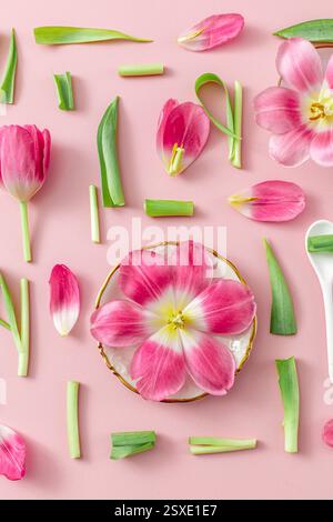 Tulipani decostruiti su sfondo rosa Foto Stock