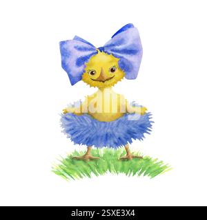 Carino pollo giallo. Divertente ragazza sorridente è in una gonna soffice blu con un fiocco blu. Illustrazione ad acquerello disegnata a mano, isolata su un bianco Foto Stock