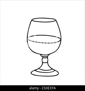 Brandy o bicchiere di Cognac. Illustrazione vettoriale disegnata a mano in stile doodle isolata su sfondo bianco. Un semplice bianco e nero minimalista Illustrazione Vettoriale