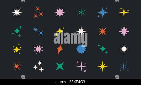 Set di stelle colorate e contemporanee dalle forme scintillanti. Collezione rétro futuristica di icone vettoriali luminose con segni astratti di lucentezza. Scintillante Illustrazione Vettoriale
