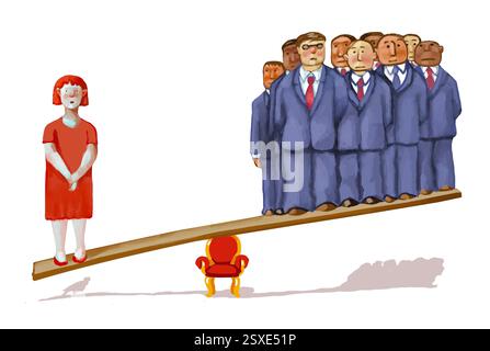 Su una scala abbiamo un gruppo di uomini da una parte e una sola donna che pesa molto di più, tutti sostenuti da una sedia parlamentare, una metafora di quanto pochi wom Foto Stock