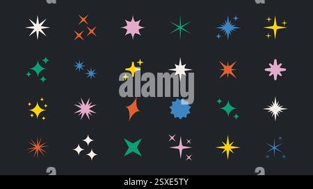 Set di stelle colorate e contemporanee dalle forme scintillanti. Collezione rétro futuristica di icone vettoriali luminose con segni astratti di lucentezza. Scintillante Illustrazione Vettoriale