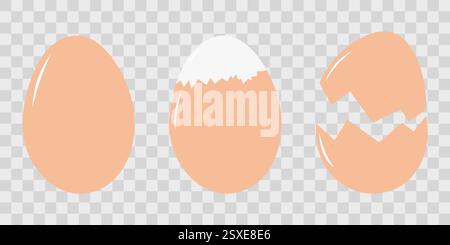 Uovo intero, uovo sodo parzialmente sbucciato e guscio d'uovo Menu o schede ricette elemento di design Set idea 3. Illustrazione vettoriale isolata schede tematiche o banner promozionale Web, opuscoli, materiali di stampa o tag Illustrazione Vettoriale