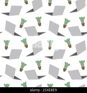 Apri laptop e Cactus con motivo piatto senza cuciture. Carta tematica texture di sfondo o idea di sfondo. Avvolgimento di illustrazioni vettoriali isolate o banner promozionale Web, opuscolo, schede, prezzo, etichetta, poster Illustrazione Vettoriale