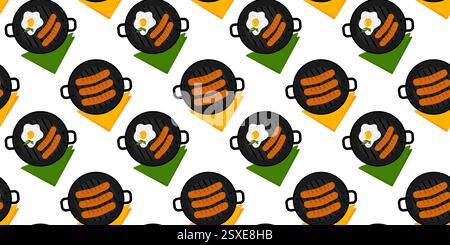 Salsicce alla griglia, uova fritte, spezie e foglie di prezzemolo senza cuciture con tovaglioli colorati per colazione. Scheda di menu o tematica Vector isolata, poster dei prodotti alimentari, brochure, cartellino prezzi, etichetta o banner promozionale Web Illustrazione Vettoriale