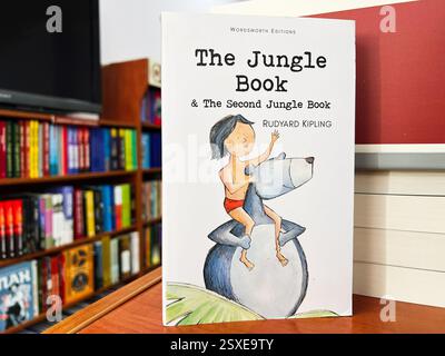 Leopoli, Ucraina - 20 febbraio 2025: Immagine di copertina del libro della giungla di Rudyard Kipling con sfondo da libreria Foto Stock