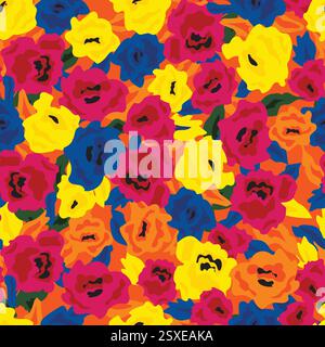 Rose stilizzate, peonie petali con volant e fiori a grappolo. Illustrazione manuale per sfondo, Stampa, tessuto, tessuto. rosso, giallo, blu, Illustrazione Vettoriale