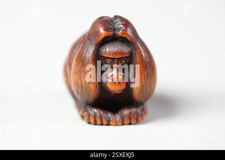 Questo netsuke giapponese del XIX secolo raffigura una scimmia che si gratta la testa. Scolpiti in legno durante il periodo Edo o Meiji, i netsuke sono piccole figure intagliate in modo intricato tradizionalmente utilizzate per fissare gli oggetti a una fascia di kimono. Foto Stock