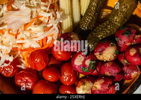 Sottaceti assortiti, pomodori sottaceto, cetrioli, ravanelli, cavoli e mais. Primo piano. Foto di alta qualità Foto Stock