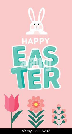 Banner di buona Pasqua, con simpatici coniglietti bianchi ed elementi floreali. Poster alla moda, biglietto d'auguri con elementi festivi tradizionali. Pasqua Holiday Card Illustrazione Vettoriale