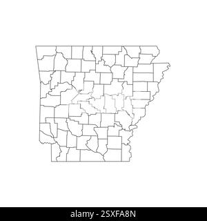 Arkansas, AR - Mappa politica dettagliata dello stato degli Stati Uniti. Mappa amministrativa divisa in contee. Mappa del contorno nera vuota sottile. Illustrazione vettoriale Illustrazione Vettoriale