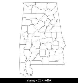Alabama, AL - Mappa politica dettagliata dello stato degli Stati Uniti. Mappa amministrativa divisa in contee. Mappa del contorno nera vuota sottile. Illustrazione vettoriale Illustrazione Vettoriale