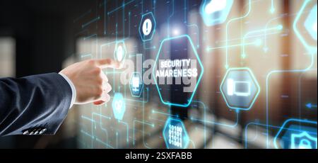 Pulsante di visualizzazione virtuale: Consapevolezza della sicurezza concetto di business, tecnologia, Internet e rete. Foto Stock