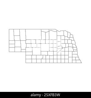 Nebraska, Nebraska - Mappa politica dettagliata dello stato degli Stati Uniti. Mappa amministrativa divisa in contee. Mappa del contorno nera vuota sottile. Illustrazione vettoriale Illustrazione Vettoriale