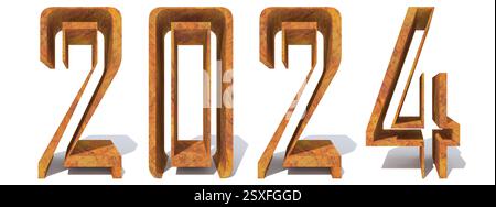 Concetto o concettuale 2024 anni realizzato in metallo arrugginito vecchio isolato su sfondo bianco. Un'illustrazione 3D astratta come metafora del futuro, reale Foto Stock
