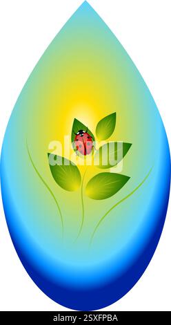 Coccinello su una foglia in una goccia. Illustrazione Vettoriale