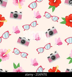 Modello estivo di fiori tropicali rossi, farfalle rosa, macchina fotografica rosa. Illustrazione vettoriale Illustrazione Vettoriale
