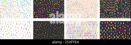 Set di motivi colorati e semplici senza cuciture con piccole linee nere. Trama del rumore disegnata a mano. Illustrazione Vettoriale