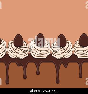 Motivo orizzontale senza cuciture con cupcake al cioccolato di Pasqua decorato con uova. Illustrazione vettoriale dei colori. Illustrazione Vettoriale