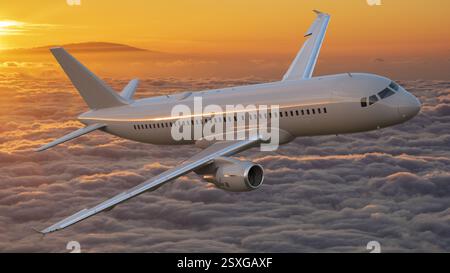 Aereo passeggeri in volo sopra le nuvole al tramonto - concetto di trasporto aereo Foto Stock