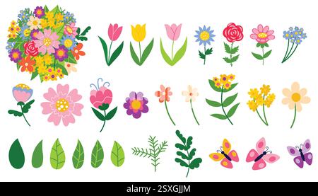 Set di graziosi fiori primaverili e farfalle disegnate a mano. Molti fiori luminosi e bellissimi. Ideale per creare composizioni, banner, cornici, siti Web, lan Illustrazione Vettoriale