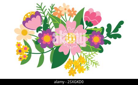 Composizione del bouquet di diversi fiori primaverili ed estivi isolati su bianco. Clip art moderne per poster, cartoline, striscioni, cartoline e così via Festa delle donne, Illustrazione Vettoriale