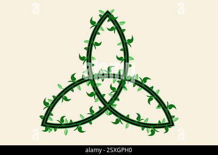 Simbolo di Triquetra. Segno di nodo Celtic trinity con decorazione floreale di foglie. Etichetta con il logo pagano vichingo. Icona illustrazione vettoriale isolata Illustrazione Vettoriale