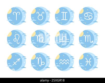 Set di segni zodiacali blu pastello con sole, luna, nuvole e stelle, isolati su sfondo bianco. Illustrazione vettoriale in stile piatto Illustrazione Vettoriale