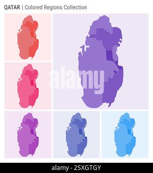 Collezione di mappe del Qatar. Forma del paese con regioni colorate. Viola intenso, rosso, rosa, viola, indaco, tavolozze di colore blu. Illustrazione Vettoriale