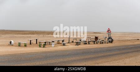 Paesaggio con un grande negozio di cristalli di sale in vendita nella campagna desertica, fotografato nella luce nuvolosa di tarda primavera vicino a Cape Cross Salt Foto Stock