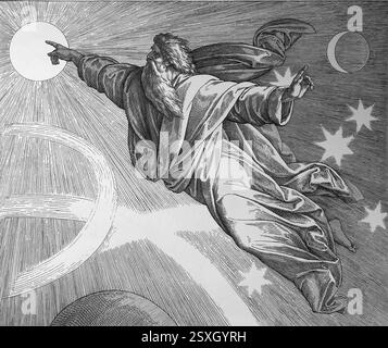 Vecchio Testamento. "Il quarto giorno della creazione": Sono stati creati il Sole, la Luna e le stelle. Illustrazione di J. Schnorr von Carolsfeld. "La Bibbia dei quadri", 185 Foto Stock