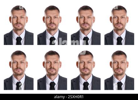 Foto di un uomo per passaporto o altro documento su sfondo bianco, set Foto Stock