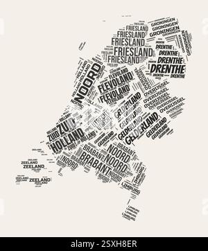 Word Cloud Paesi Bassi. Paese con divisione regioni. Grafica vettoriale delle nuvole di testo tipografico dei Paesi Bassi. Illustrazione Vettoriale