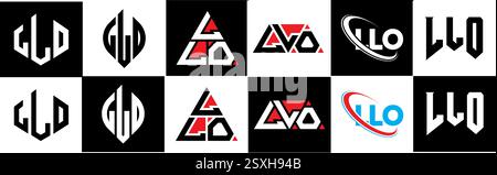 Logo Letter in sei stili. Poligono LLO, cerchio, triangolo, esagono, piatto e semplice, con logo lettera variazione colore bianco e nero Illustrazione Vettoriale
