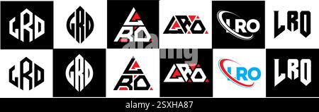 Logo LRO Letter design in sei stili. Poligono LRO, cerchio, triangolo, esagono, piatto e semplice con logo lettera variazione colore bianco e nero Illustrazione Vettoriale
