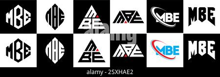 Logo MBE Letter in sei stili. Poligono MBE, cerchio, triangolo, esagono, piatto e semplice con logo lettera variazione colore bianco e nero Illustrazione Vettoriale