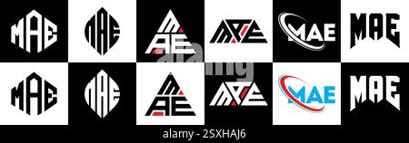 Design con logo MAE Letter in sei stili. Poligono MAE, cerchio, triangolo, esagono, piatto e semplice con logo lettera variazione colore bianco e nero Illustrazione Vettoriale