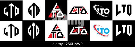 Logo LTO Letter in sei stili. Poligono LTO, cerchio, triangolo, esagono, piatto e semplice con logo Letter variazione colore bianco e nero Illustrazione Vettoriale