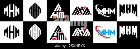 Logo MHM Letter in sei stili. Poligono MHM, cerchio, triangolo, esagono, piatto e semplice con logo lettera variazione colore bianco e nero Illustrazione Vettoriale