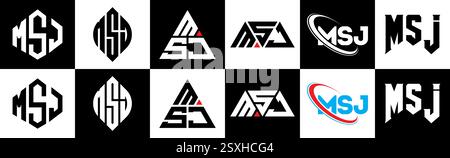Logo MSJ Letter in sei stili. Poligono MSJ, cerchio, triangolo, esagono, piatto e semplice con logo lettera di variazione colore bianco e nero Illustrazione Vettoriale