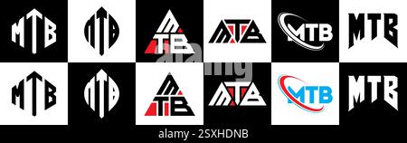 Logo con lettera MTB in sei stili. Poligono MTB, cerchio, triangolo, esagono, piatto e semplice, con logo lettera variazione colore bianco e nero Illustrazione Vettoriale