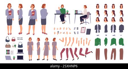 Kit di personaggi per donne d'affari. Direttore di cartoni animati in abiti da ufficio. Gadget o accessori diversi. Generatore avatar donna d'affari. Posa del dipendente Illustrazione Vettoriale