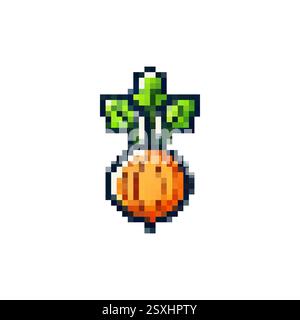 Icona pixel vettore di cipolla. Cipolla arancione con logo vegetale. Icona pixel vegetale. cipolla icona a 8 bit. elegante cipolla in stile pixel a 16 bit 80 x . Illustrazione Vettoriale