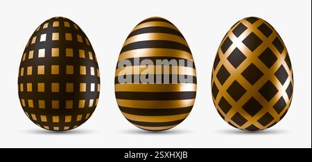 Uova d'oro 3D realistiche con motivi neri. Oggetti vettoriali a base di uova isolati su sfondo bianco Illustrazione Vettoriale