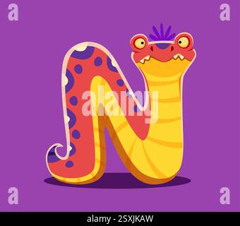 Lettera font Halloween N simpatico mostro personaggio. Pazzo personaggio del mostro del serpente di Halloween, lettera dell'alfabeto inglese, spaventoso vettore di animali fantasy font ABC Illustrazione Vettoriale