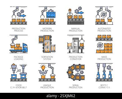 Icone delle linee di colore per la produzione di robot meccanici, simboli delle linee di produzione automatica e manuale di serie, industria vettoriale e processo di produzione A. Illustrazione Vettoriale