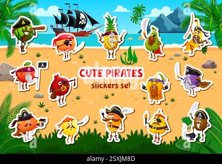 Confezione di adesivi con personaggi di corsari e pirati. Anguria, arancia, ananas e pera, banana, frutta di mela simpatici marinai pirati, persone divertenti Illustrazione Vettoriale