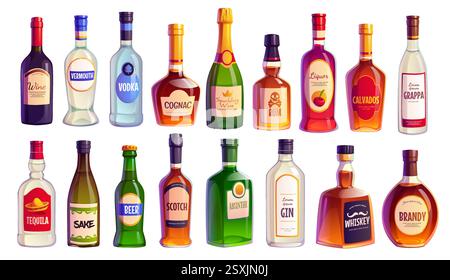 Fumetti di alcool bottiglie di liquore e vino o bevande bar, icone vettoriali. Champagne e whiskey o scotch e brandy con rum e tequila, abs Illustrazione Vettoriale
